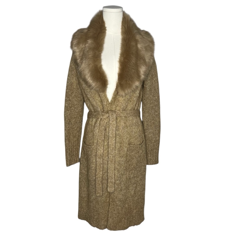 Tan Wool Mohair Blend Faux Fur Trim Belted Longline Cardigan Duster Chic Classic